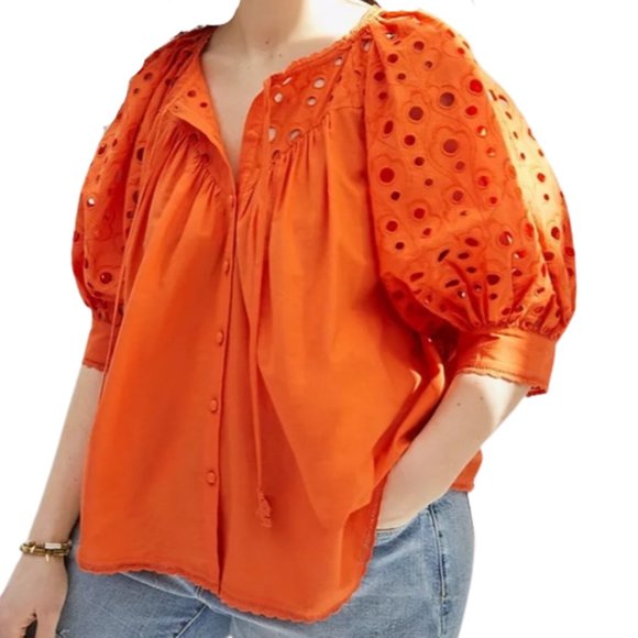 Anthropologie Tops - Anthropologie Chantal Eyelet orange Blouse size Small